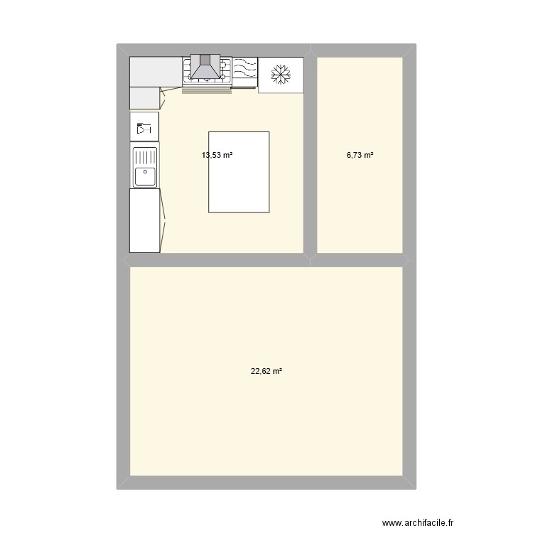 cuisine. Plan de 3 pièces et 43 m2