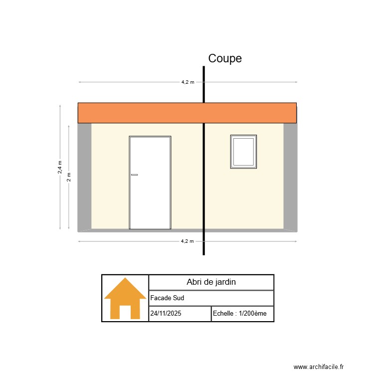 Façade sud. Plan de 1 pièce et 8 m2