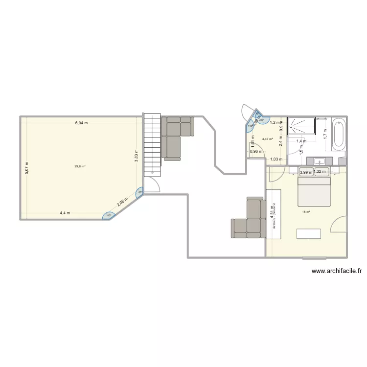 SALLE DE BAINS. Plan de 3 Pièces et 52 m²