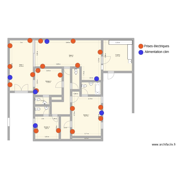 La maison bleue. Plan de 14 pièces et 129 m2