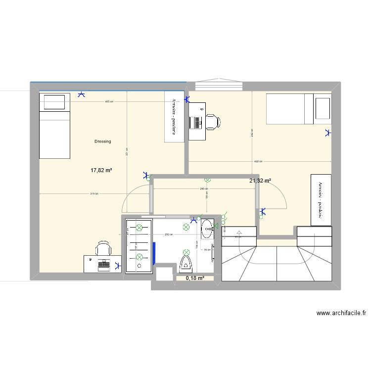 Comble. Plan de 4 pièces et 44 m2