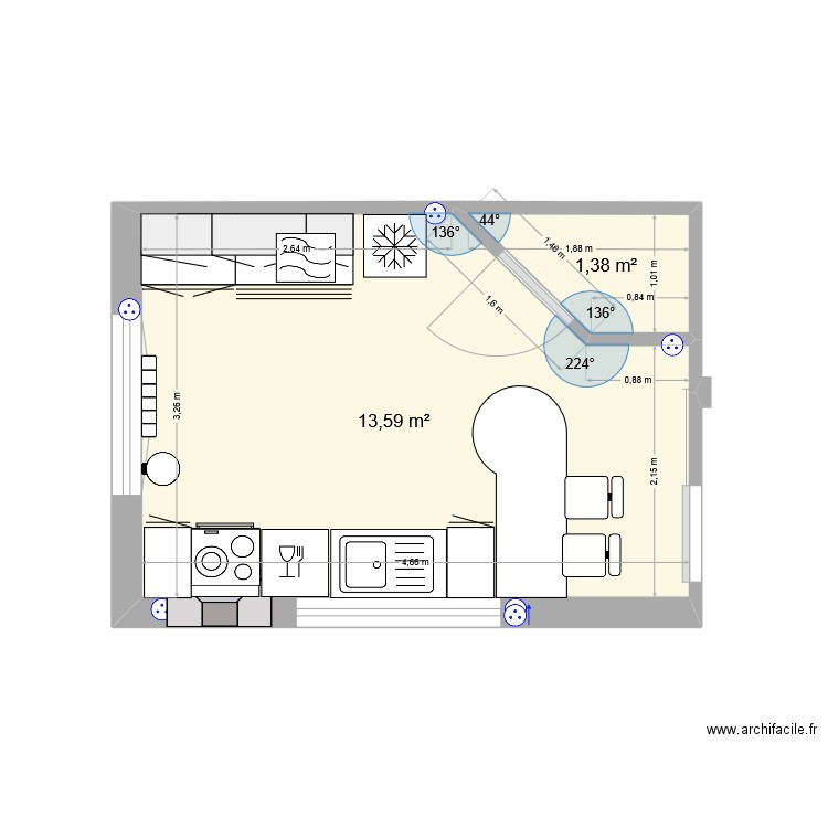 Cuisine 1. Plan de 2 pièces et 15 m2