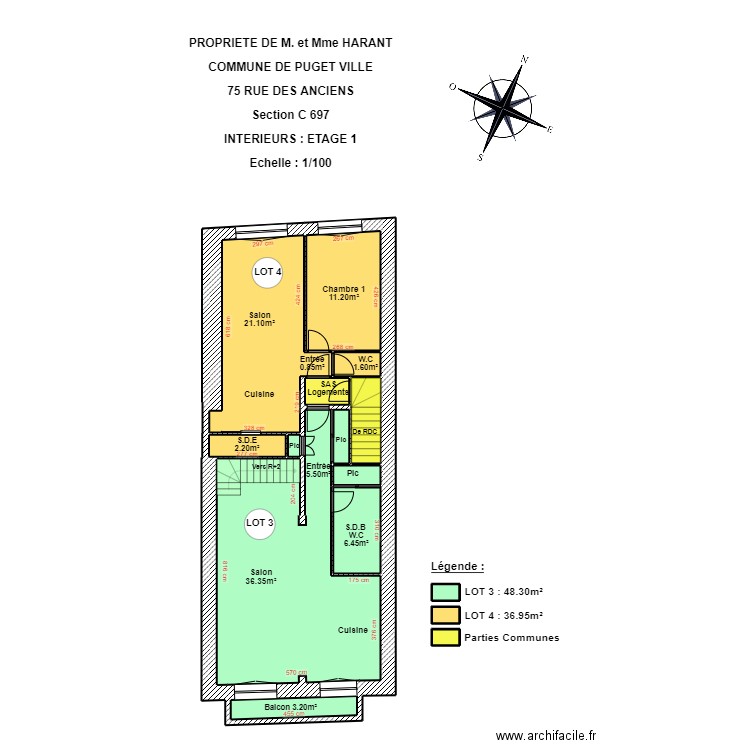 HARANT ETAGE 1. Plan de 15 pièces et 95 m2