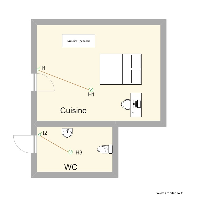 Doubles Pieces. Plan de 2 pièces et 31 m2