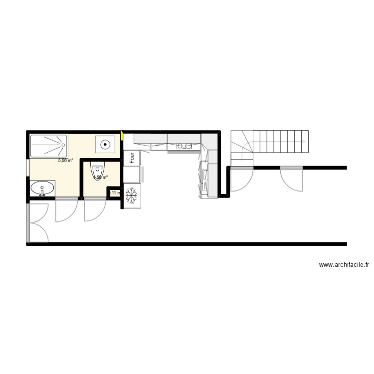 Cuisine. Plan de 3 pièces et 7 m2