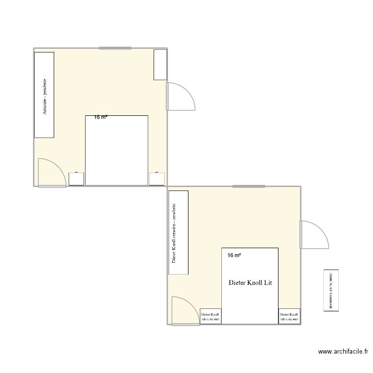 Chambre à coucher maman. Plan de 2 pièces et 32 m2