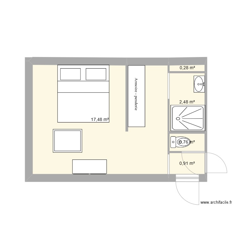 Chambre moslins. Plan de 5 pièces et 22 m2