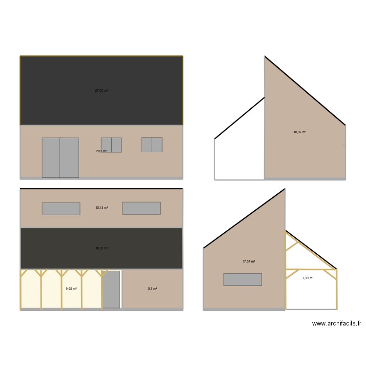 Facades. Plan de 9 pièces et 136 m2