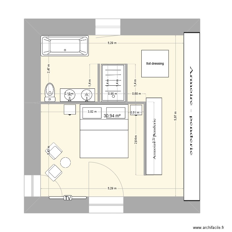 suite parentale vrai hypothese 2. Plan de 1 pièce et 31 m2