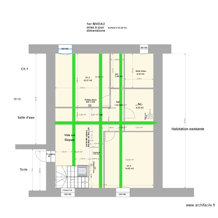 Emplacement charpente existante  1er Niveau S 53.36m2*. Plan de 10 pièces et 61 m2