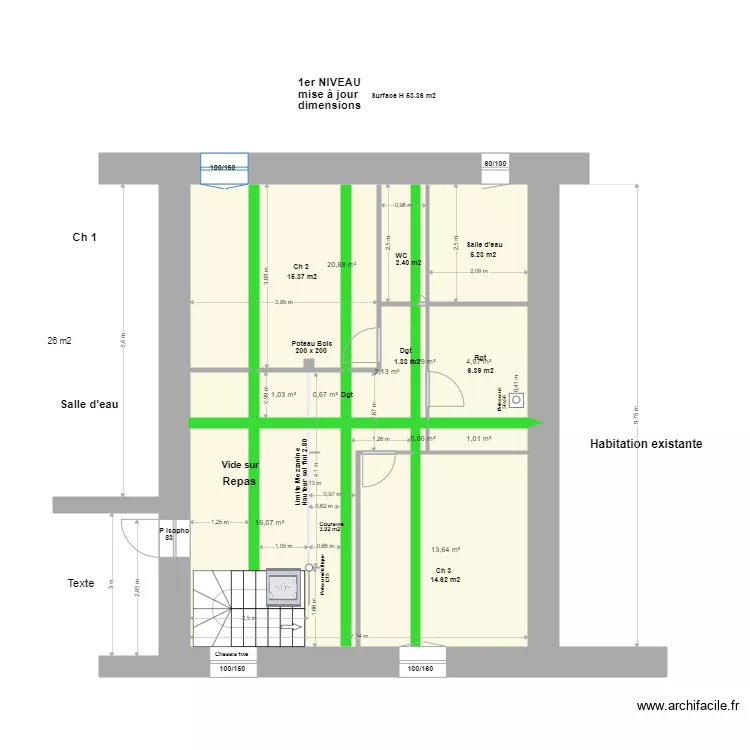 Emplacement charpente existante  1er Niveau S 53.36m2*. Plan de 