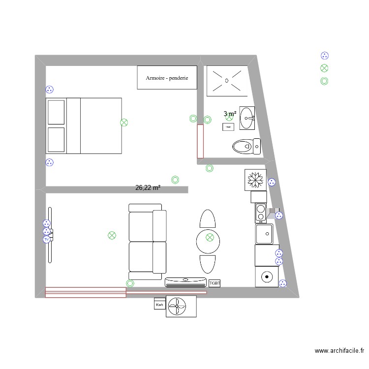 STUDIO 1 AVEC ELECTRICITE. Plan de 2 pièces et 29 m2
