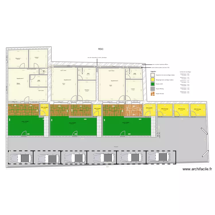 plans appartements avec l&eacute;gende RDC. Plan de 41  et 638 m²