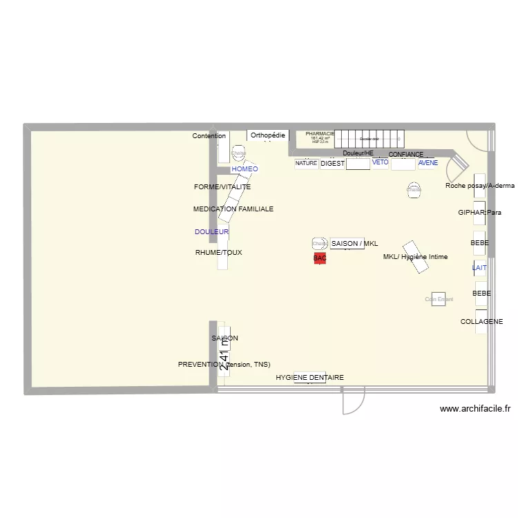 pharma. Plan de 1  et 161 m²