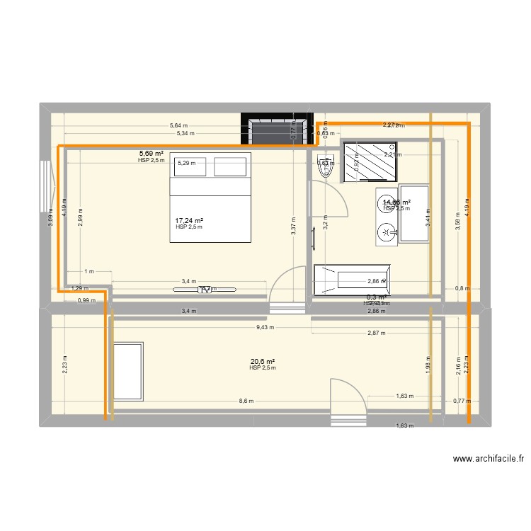 AMENAGEMENT ETAGE. Plan de 5 pièces et 58 m2
