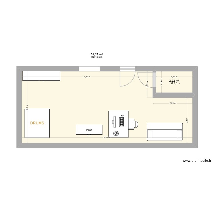 Local2. Plan de 2 pièces et 34 m2