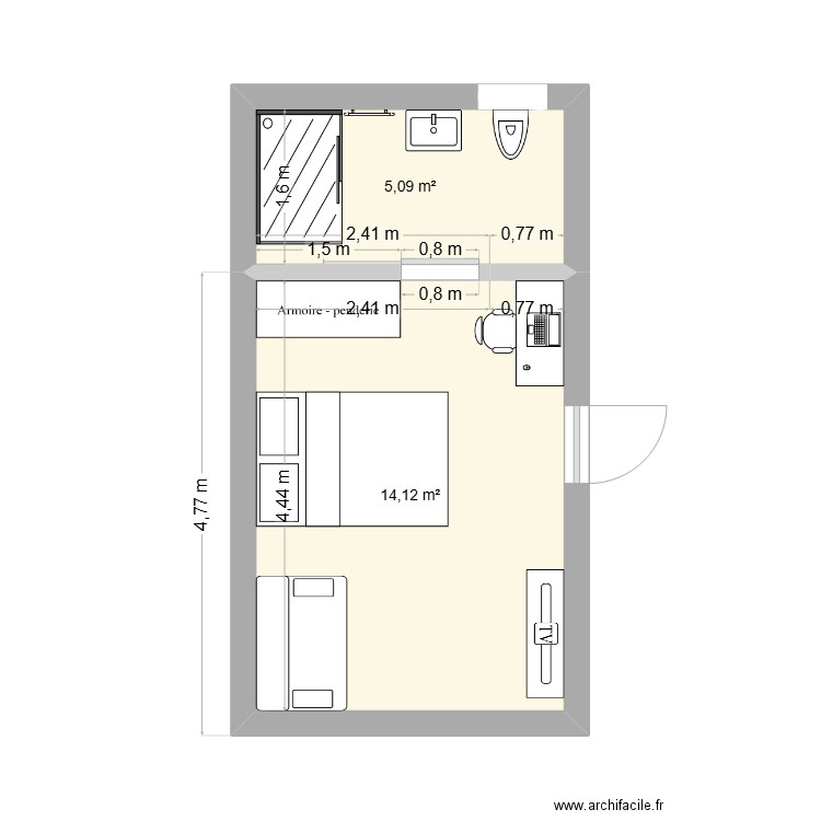chambre loulou. Plan de 2 pièces et 19 m2