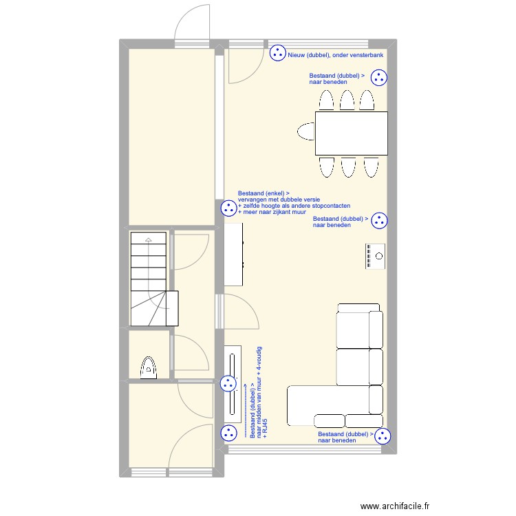 Begane grond. Plan de 6 pièces et 52 m2