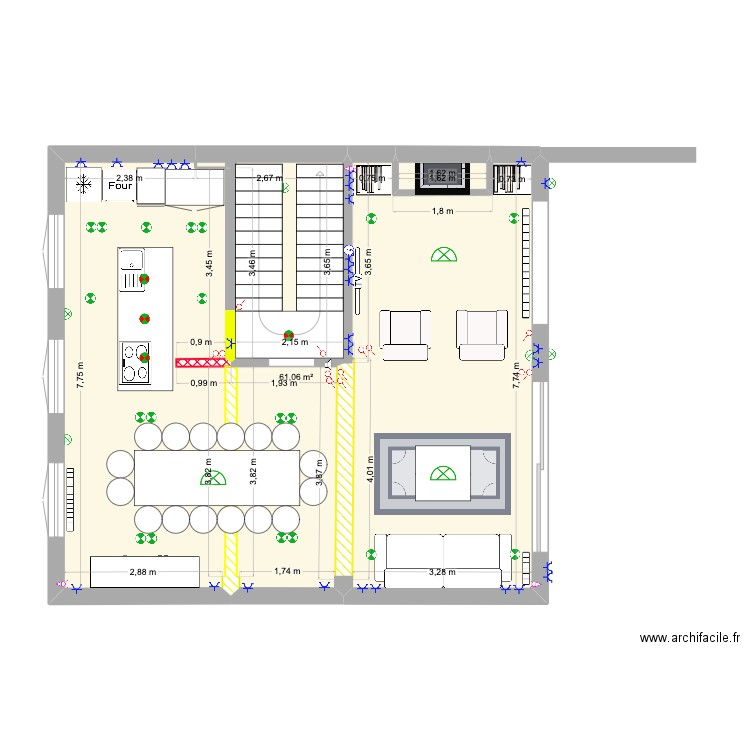 1 étage. Plan de 2 pièces et 62 m2