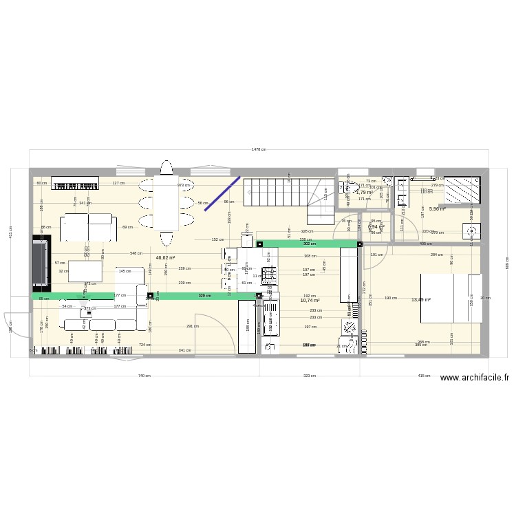 RDC modif charpente 30 mars 2023 bis. Plan de 6 pièces et 80 m2