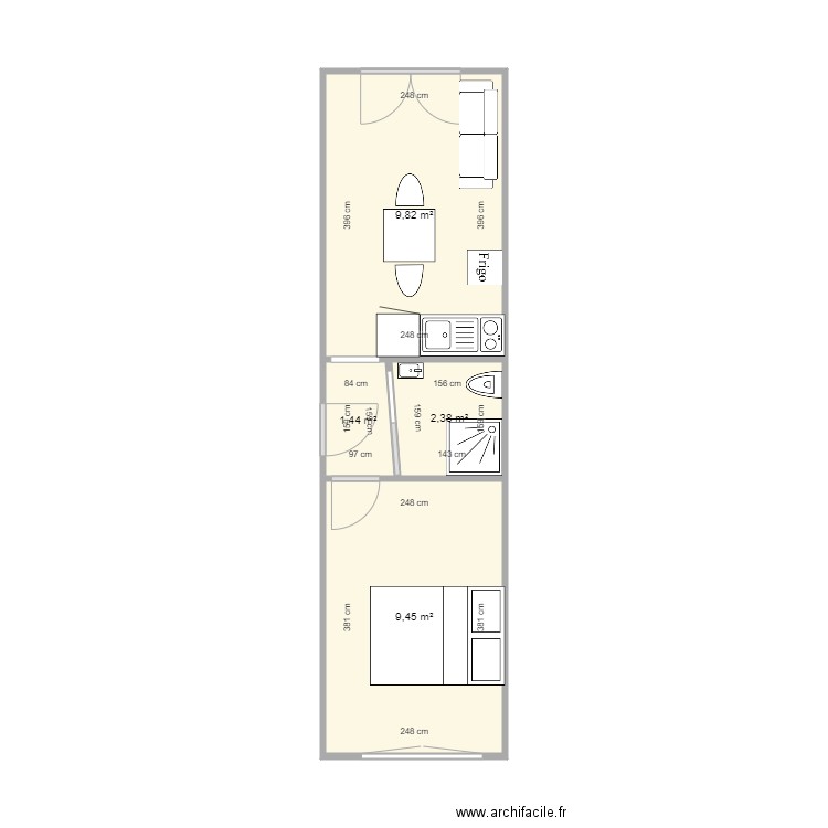 Appt 2 aubigny côté. Plan de 4 pièces et 23 m2