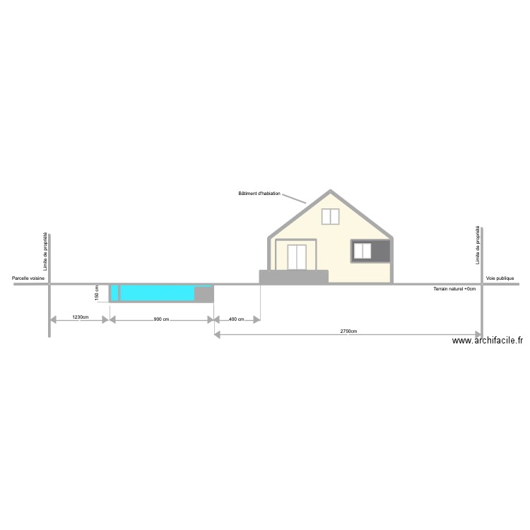 Plan coupe piscine. Plan de 6 pièces et 72 m2