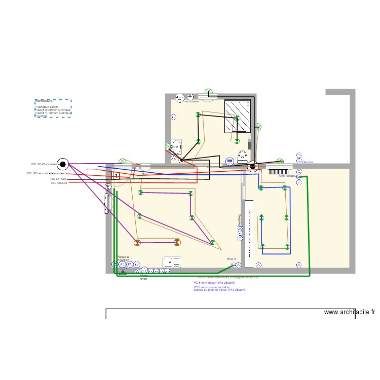 appartement T2 la ciotat éclairage et RJ45. Plan de 3 pièces et 38 m2