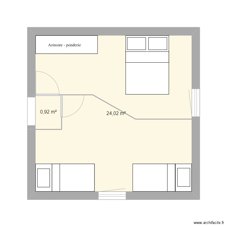 chambre. Plan de 2 pièces et 25 m2