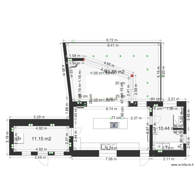 Cuisine Villers et véranda   prises ilot. Plan de 3 pièces et 63 m2