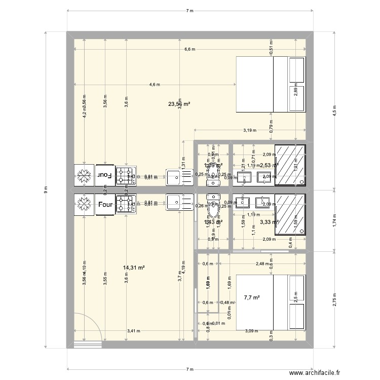 Diagonal 9x7 étage. Plan de 7 pièces et 54 m2