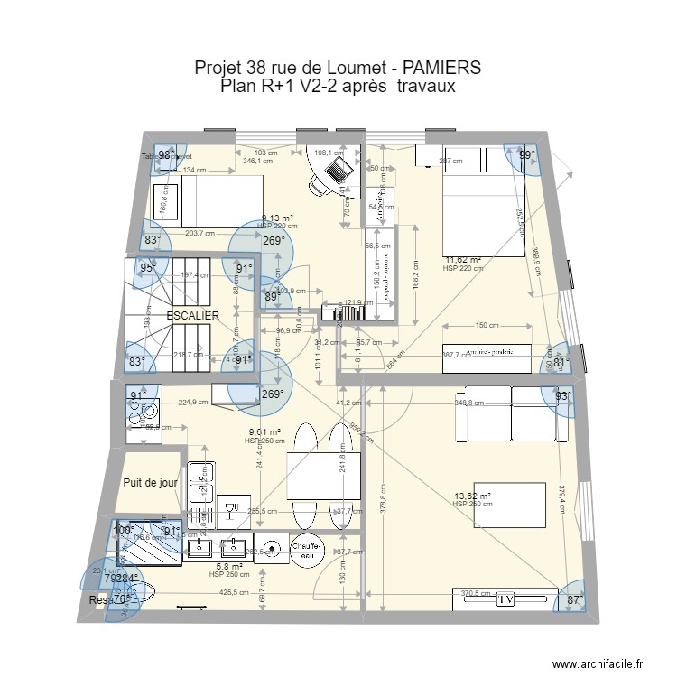 PAMIERS3 R1 V2-2 après travaux. Plan de 8 pièces et 55 m2