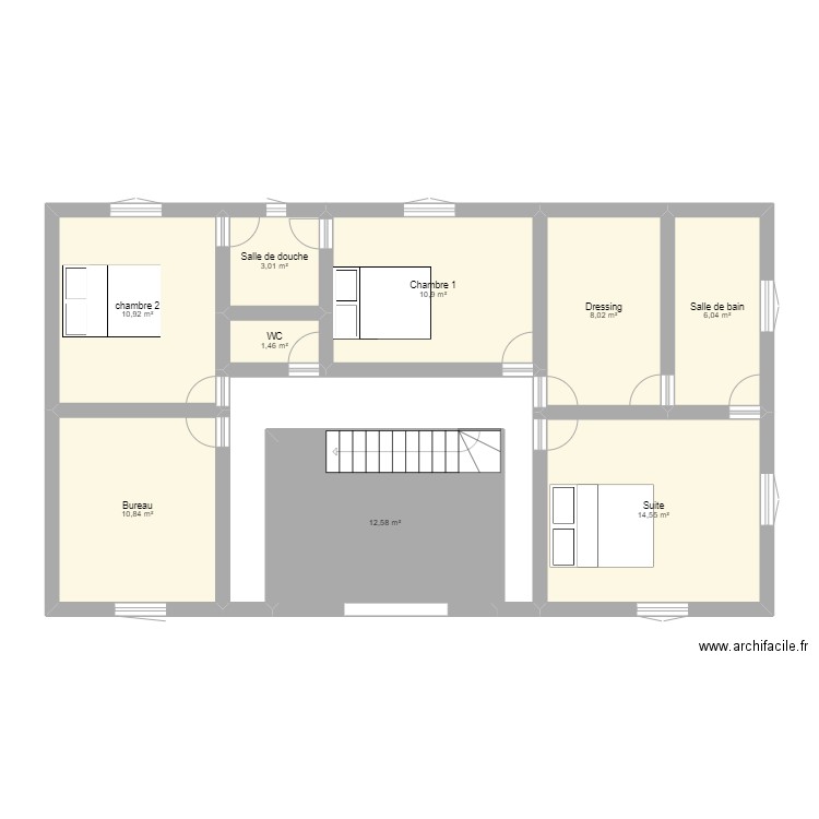 Haut. Plan de 9 pièces et 78 m2