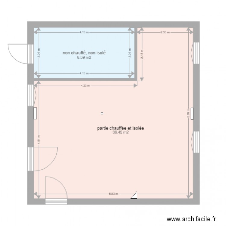 Pièce HUGO base test. Plan de 2 pièces et 45 m2