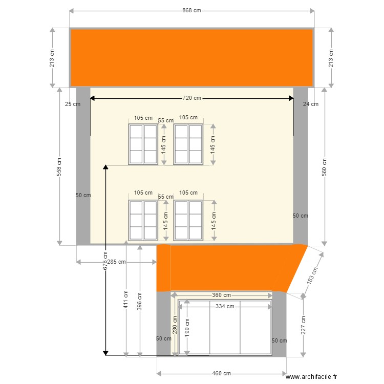 Ouroux 300 m2 façade Sud/Est actuel. Plan de 4 pièces et 72 m2