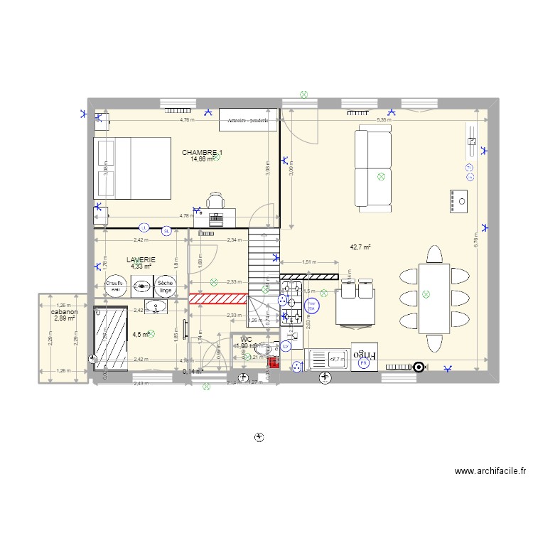 PLAN olga cuisine modifié. Plan de 14 pièces et 132 m2