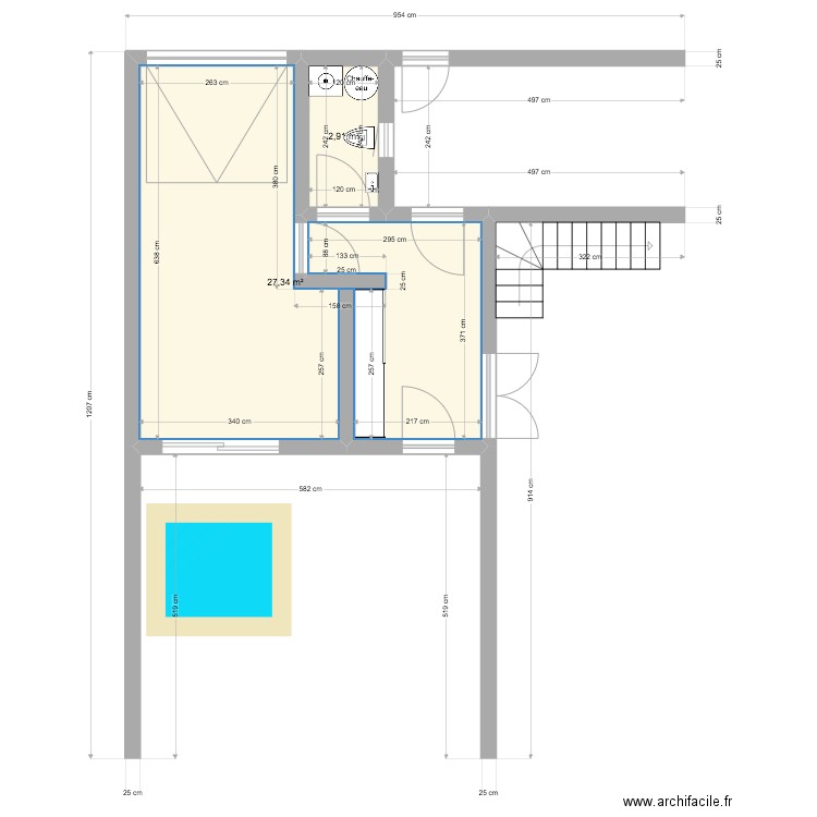 Extension Garage. Plan de 2 pièces et 30 m2