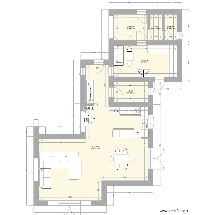 Living & Kitchen 210423. Plan de 6 pièces et 93 m2