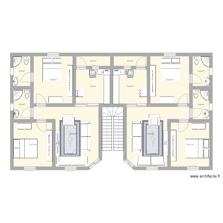 chez. Plan de 14 pièces et 124 m2