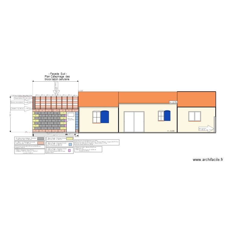 Bloc Béton Cellulaire Façade Sud 5 pannes. Plan de 4 pièces et 42 m2