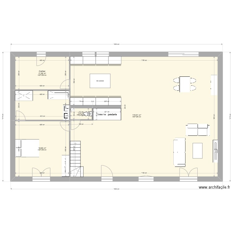 RDC maison 300 m2. Plan de 4 pièces et 148 m2