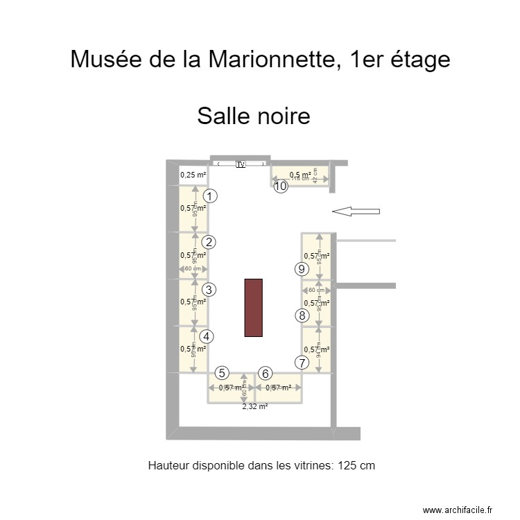 Plan numéroté de la salle noire du Musée, 1er étage. Plan de 12 pièces et 8 m2