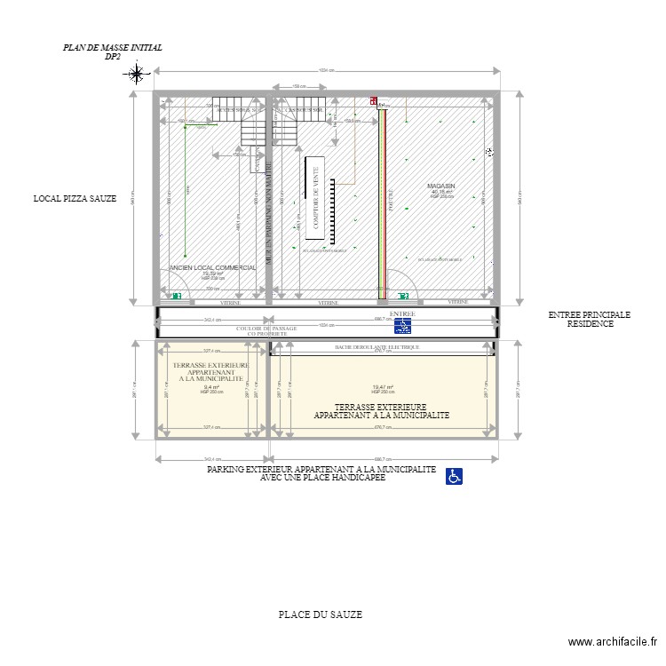 REZ DE CHAUSSEE AVANT TRAVAUX MAGASIN. Plan de 4 pièces et 88 m2