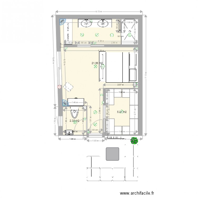 chambre 2. Plan de 3 pièces et 29 m2