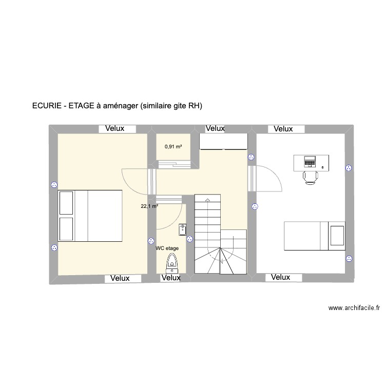 Plan Ferme Treb - Etage à aménager V2. Plan de 2 pièces et 23 m2
