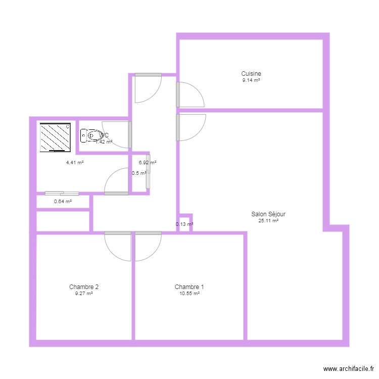 mauve. Plan de 10 pièces et 68 m2