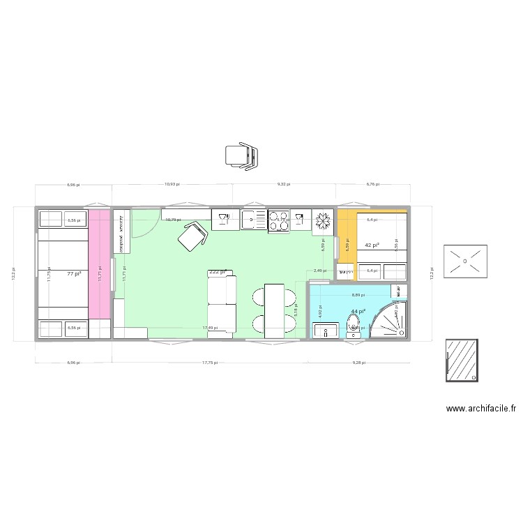 Cuisine. Plan de 4 pièces et 36 m2