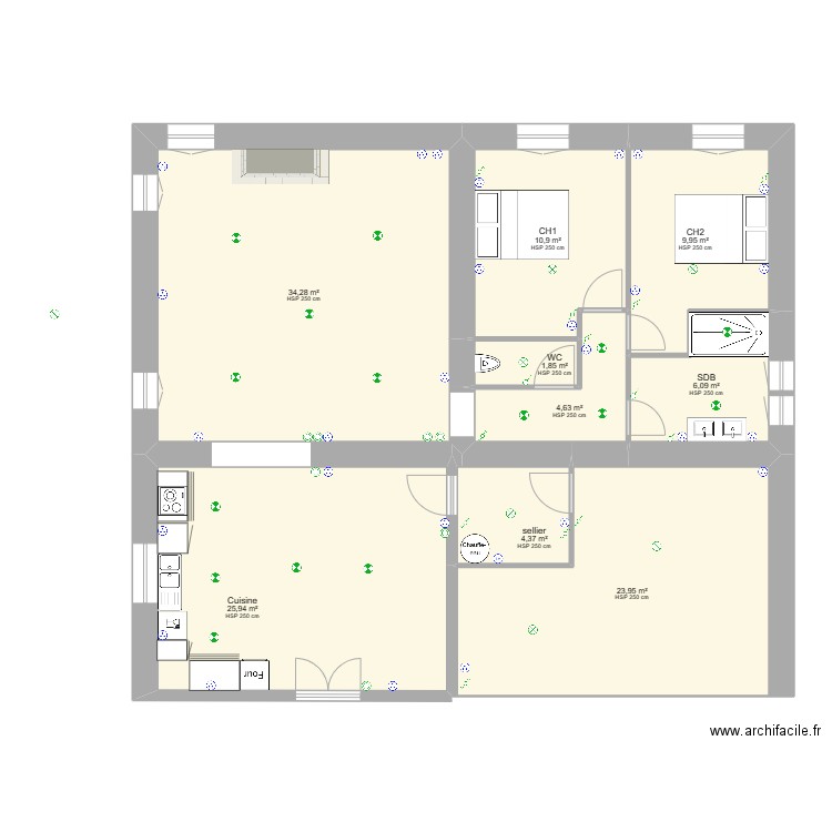 plan logement aménagé éléctricité. Plan de 9 pièces et 122 m2