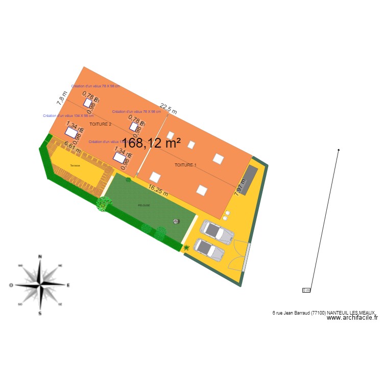 plan des toitures après pose des quatre vélux objets de la déclaration de travaux. Plan de 1 pièce et 168 m2