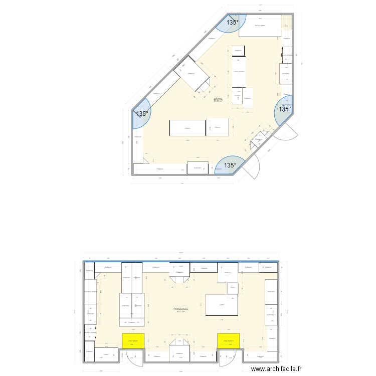 plan surfaces scénario 2 rdc LoF. Plan de 2 pièces et 197 m2