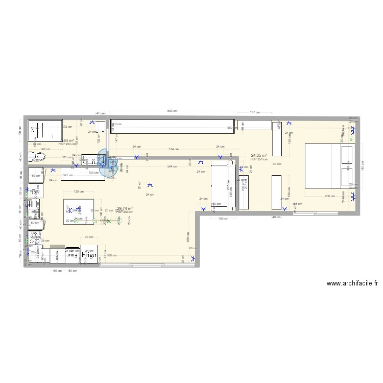 PLANO BASE avec cuisine 1. Plan de 3 pièces et 60 m2